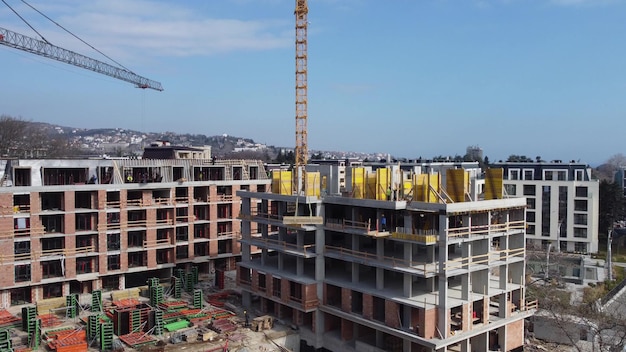 Busy Construction Site and Construction Equipment Aerial top view