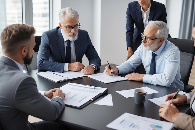 Busy diverse professional business team having discussion at office meeting Financial advisors or managers consulting senior business man investor talking sitting at conference table Vertical shot