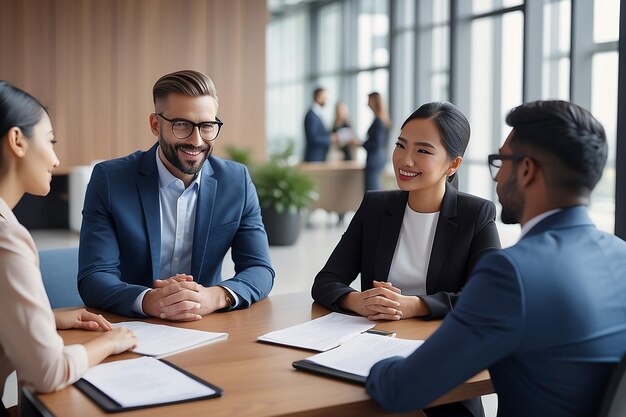 Busy diverse professional team business people workers talking in modern corporate office lobby International coworkers group having teamwork conversation together at work meeting Vertical shot