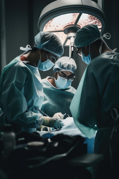 Busy diverse surgeons with face masks at surgery created using generative ai technology