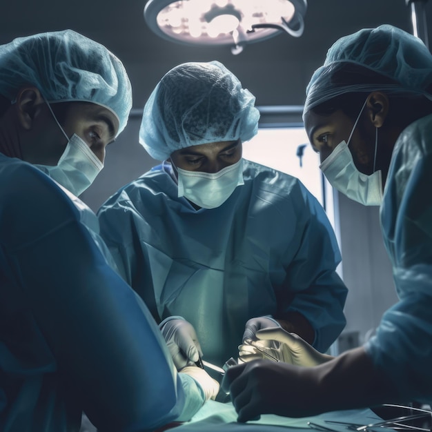 Busy diverse surgeons with face masks at surgery created using generative ai technology