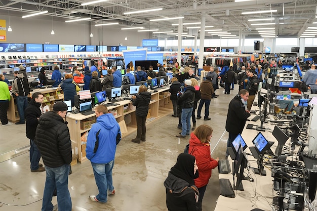 Busy electronics store with cuttingedge gadgets interactive displays and tech enthusiasts browsing f