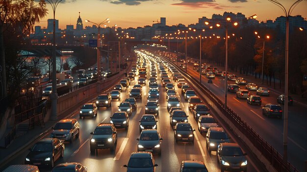 Busy evening traffic on a city highway with glowing streetlights and skyline under a sunset sky