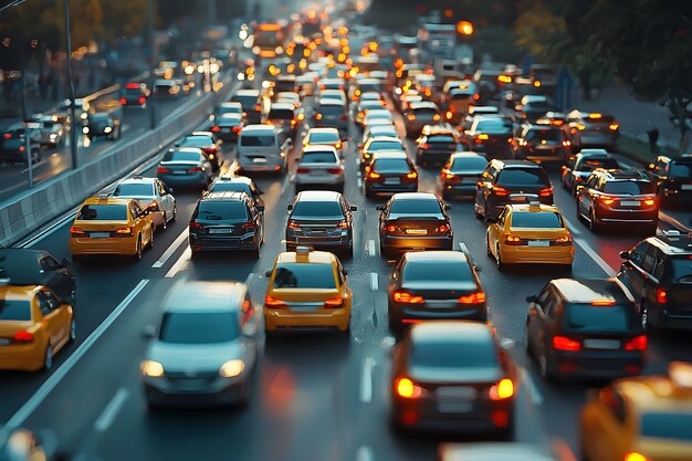 Busy evening traffic jam on a city highway with yellow taxis