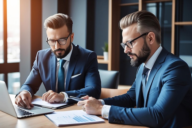 Photo busy executive team of two business men discussing digital finance banking project strategy working in office with laptop and tablet financial advisor consulting partner at meeting vertical