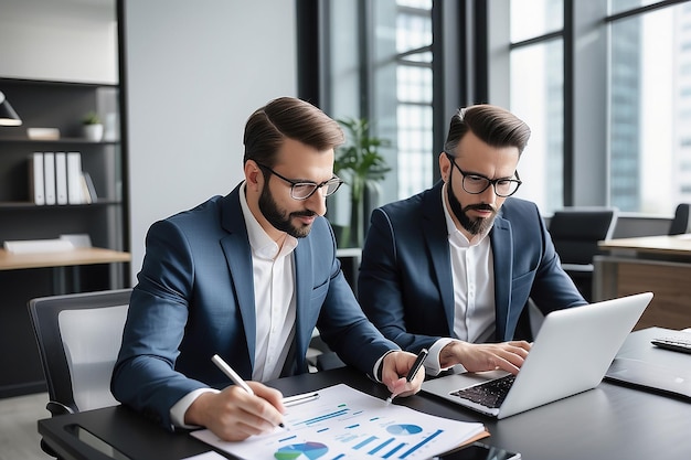 Photo busy executive team of two business men discussing digital finance banking project strategy working in office with laptop and tablet financial advisor consulting partner at meeting vertical