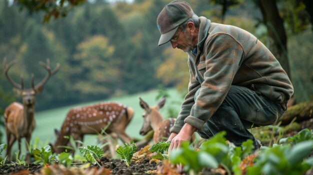 A busy farmer tending to his crops whilst a group of deer look on from a nearby patch of forest