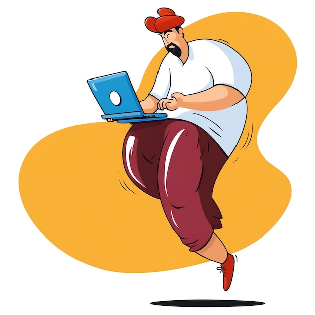 Busy fat cartoon holding laptop