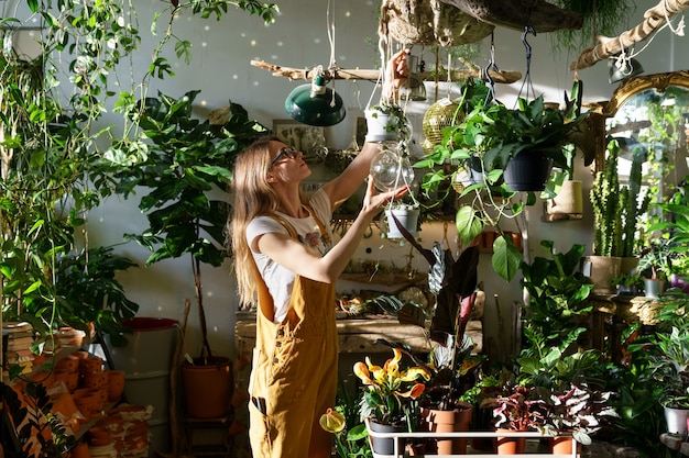 Busy gardener work in shop with potted house plants over flowerpots and green tropical houseplants