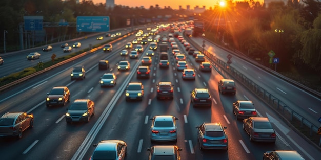 Busy highway filled with cars during sunset illustrating urban traffic and evening commute in a city setting