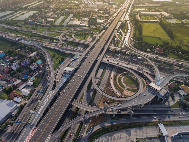 Busy highway junction from aerial view