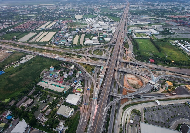 Busy highway junction from aerial view