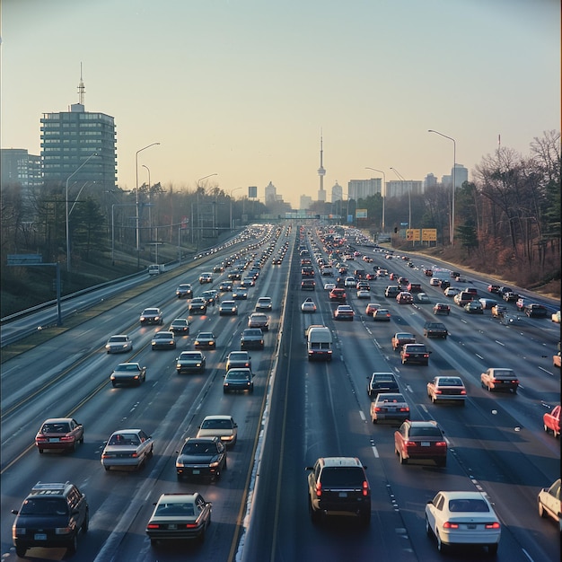 Photo a busy highway with a lot of cars on it