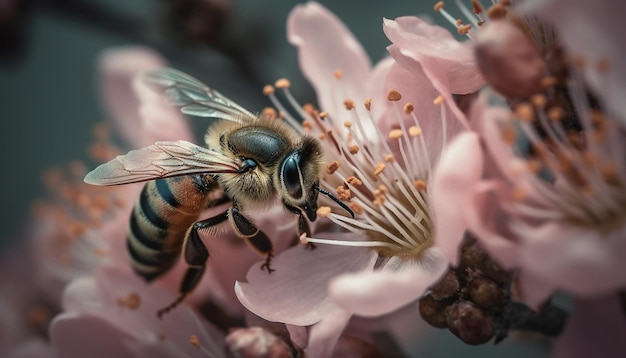 Busy honey bee pollinates single flower beauty generated by AI