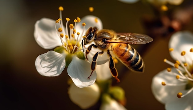 Busy honey bee working on a single flower in nature generated by artificial intelligence