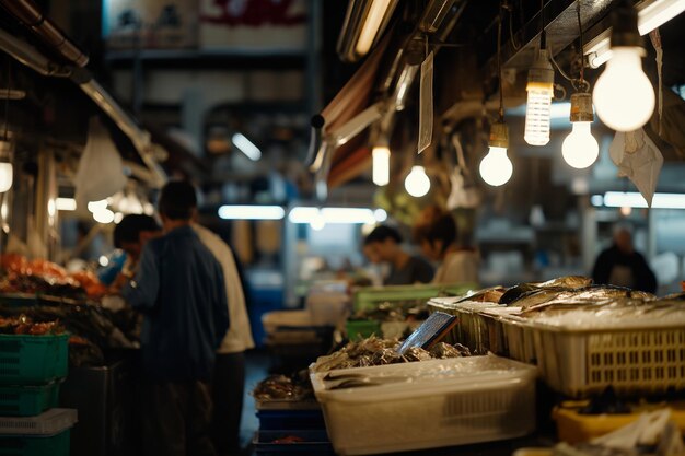 Photo busy indoor fish market with fresh seafood and warm lighting