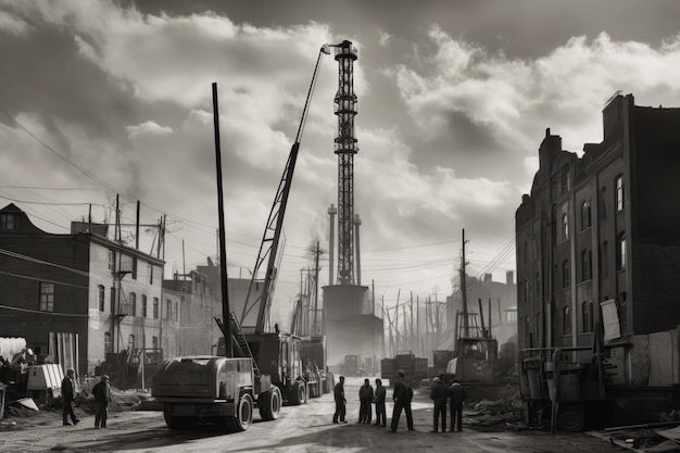 Busy industrial neighborhood with smokestacks machines and workers generative IA