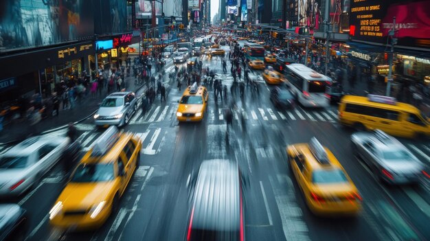 A Busy Intersection in New York City with Blurred Motion of Cars and Pedestrians