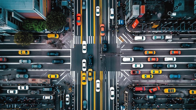 A busy intersection with cars and a sign that says nyc is on the top.