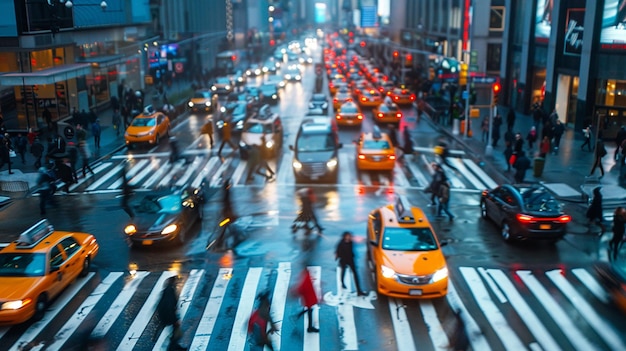 a busy intersection with a lot of taxis and people crossing the street