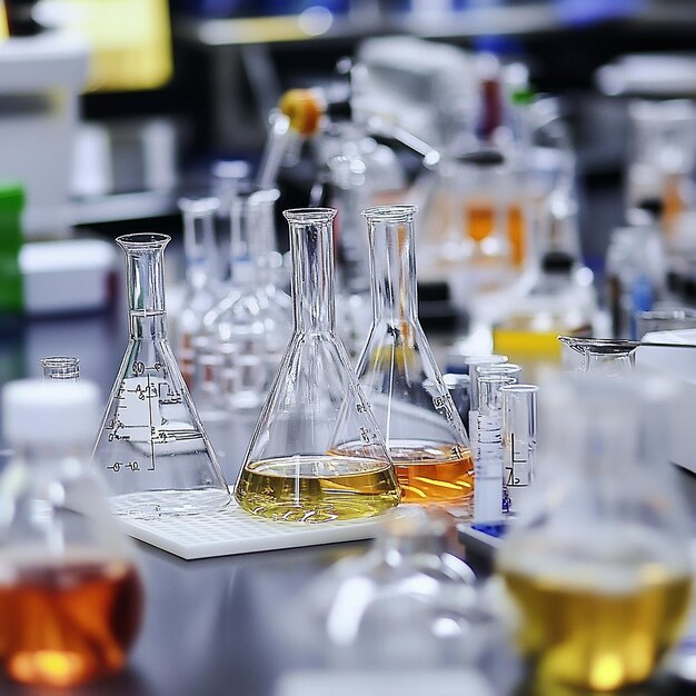 Busy laboratories during an experiment with beakers vials pipettes and measuring devices