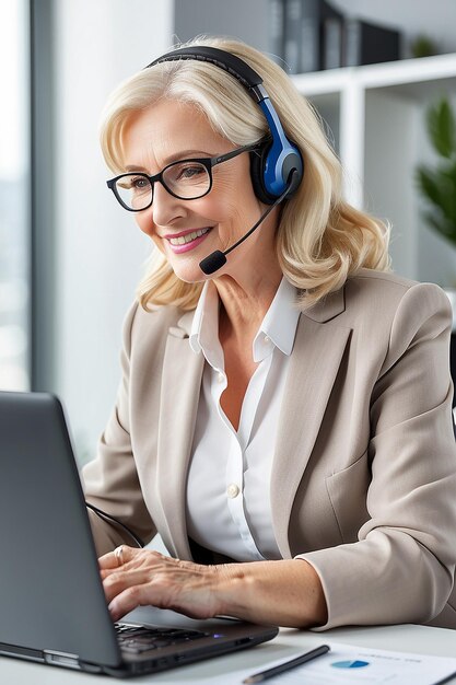 Busy mature business woman call center representative customer support agent helping client smiling middle aged senior female operator wearing headset working using laptop computer in office