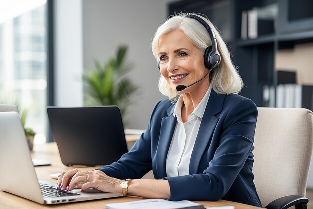 Photo busy mature business woman call center representative customer support agent helping client smiling middle aged senior female operator wearing headset working using laptop computer in office