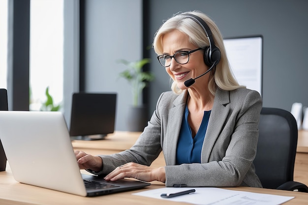 Photo busy middle aged female support service operator talking to customer sitting at desk happy mature woman professional call contact center agent wearing headset working in business office using laptop