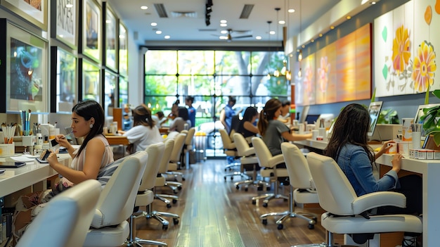 A busy nail salon with customers getting their nails done