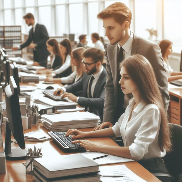 In a busy office environment administrative staff diligently work at their desks