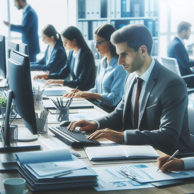 In a busy office environment administrative staff diligently work at their desks