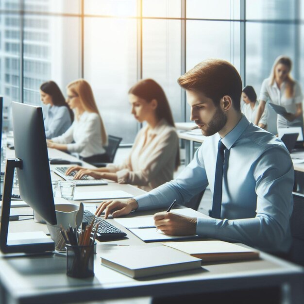 In a busy office environment administrative staff diligently work at their desks