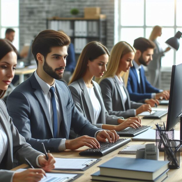 In a busy office environment administrative staff diligently work at their desks