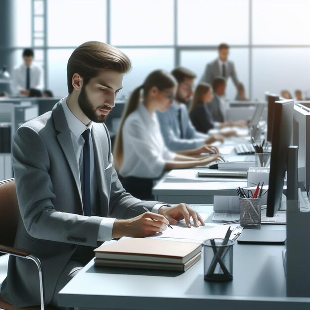 In a busy office environment administrative staff diligently work at their desks