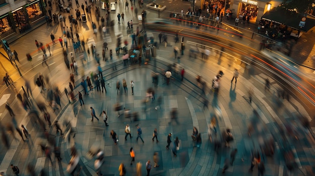 Busy person walks through blurred crowded city street rush hour traffic motion in modern urban