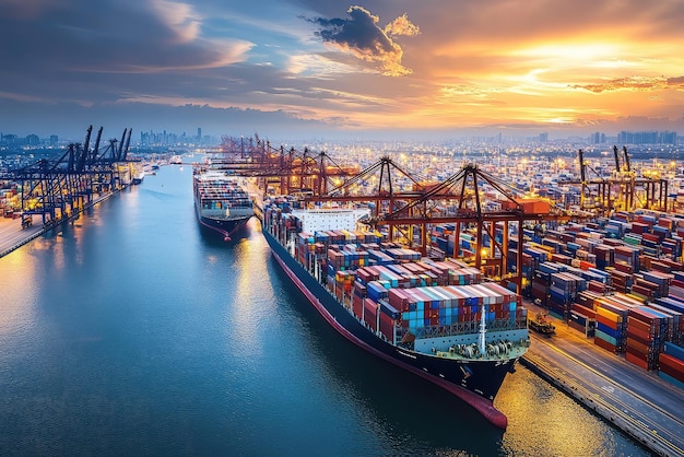 Busy Port at Sunset Giant Container Ships Loading and Unloading Amid Glowing Skyline