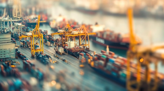 Photo a busy port with cargo ships and cranes