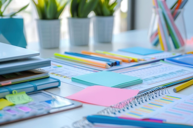 Busy productive office desk with colorful stationery notebooks sticky notes pens pencils potted plants and other supplies in the background Generative AI