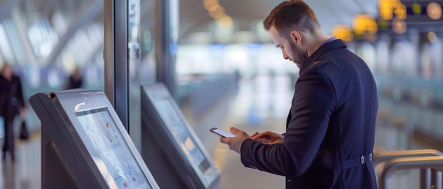 Photo a busy professional uses his smartphone and interactive kiosk in a modern brightlylit transportation hub checking travel information