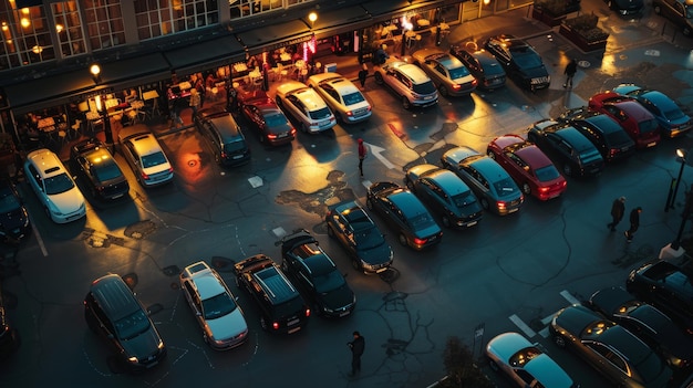 Photo busy restaurant parking lot at dusk crowded with cars and patrons highlighting venue popularity