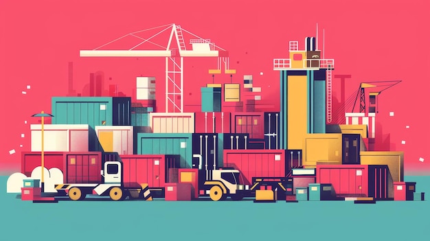 Busy Shipping Container Port Illustration A colorful illustration of a busy shipping container por