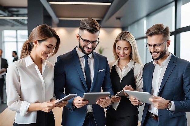 Photo busy smiling executive business team using tablet holding papes standing in office professional leaders managers and people workers discussing digital financial project working in teamwork vertical