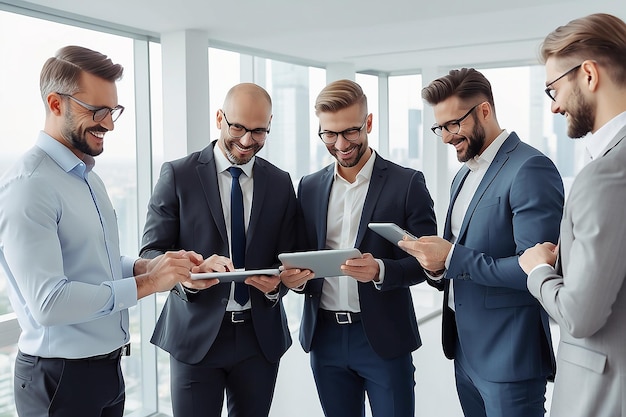 Photo busy smiling executive business team using tablet holding papes standing in office professional leaders managers and people workers discussing digital financial project working in teamwork vertical