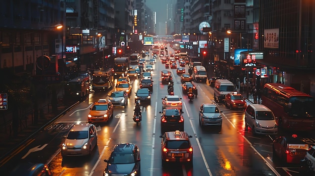 A busy street in a big city at night The street is full of cars buses and people crossing the road