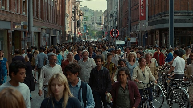 Busy street filled with pedestrians and cyclists