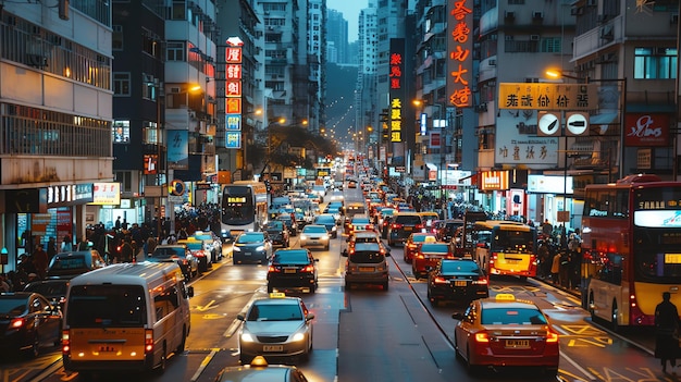 A busy street in Hong Kong The street is lined with tall buildings and there are people crossing the street