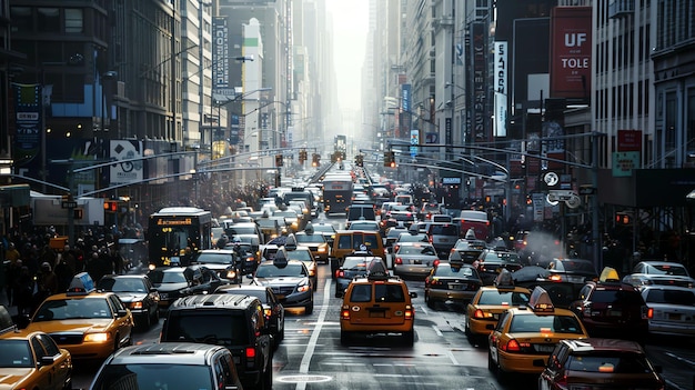 A busy street in New York City with cars buses and people crossing the road