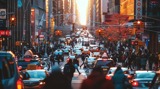 A busy street in New York City with people crossing the road and cars waiting at the traffic lights