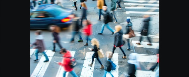 Photo busy street scene with crowds of people walking across an intersection