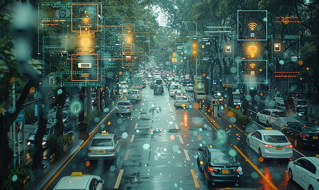 a busy street with cars and a sign that says  no parking